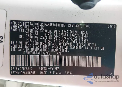 2010 Toyota Venza Base V6 from USA, damaged, VIN 4T3BK3BB7AU032766